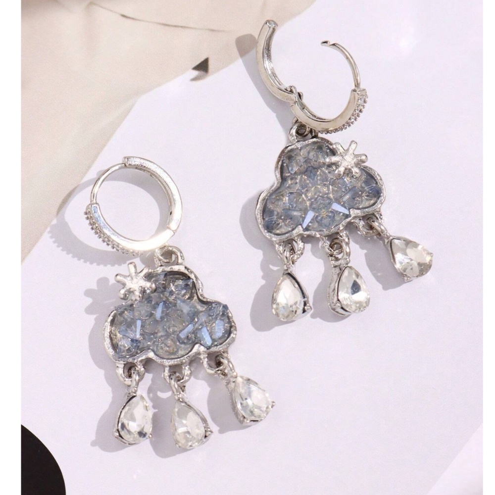 Dainty Silver Tone Rhinestone Clouds Huggie Earrings - Picture 3 of 5